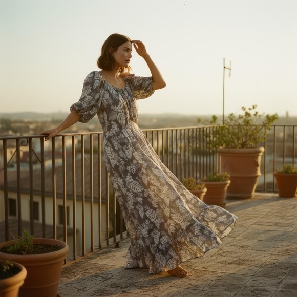 New XL Floral Palm Dress Green Long Flowing comfortable modest maxi boho - Picture 2 of 6